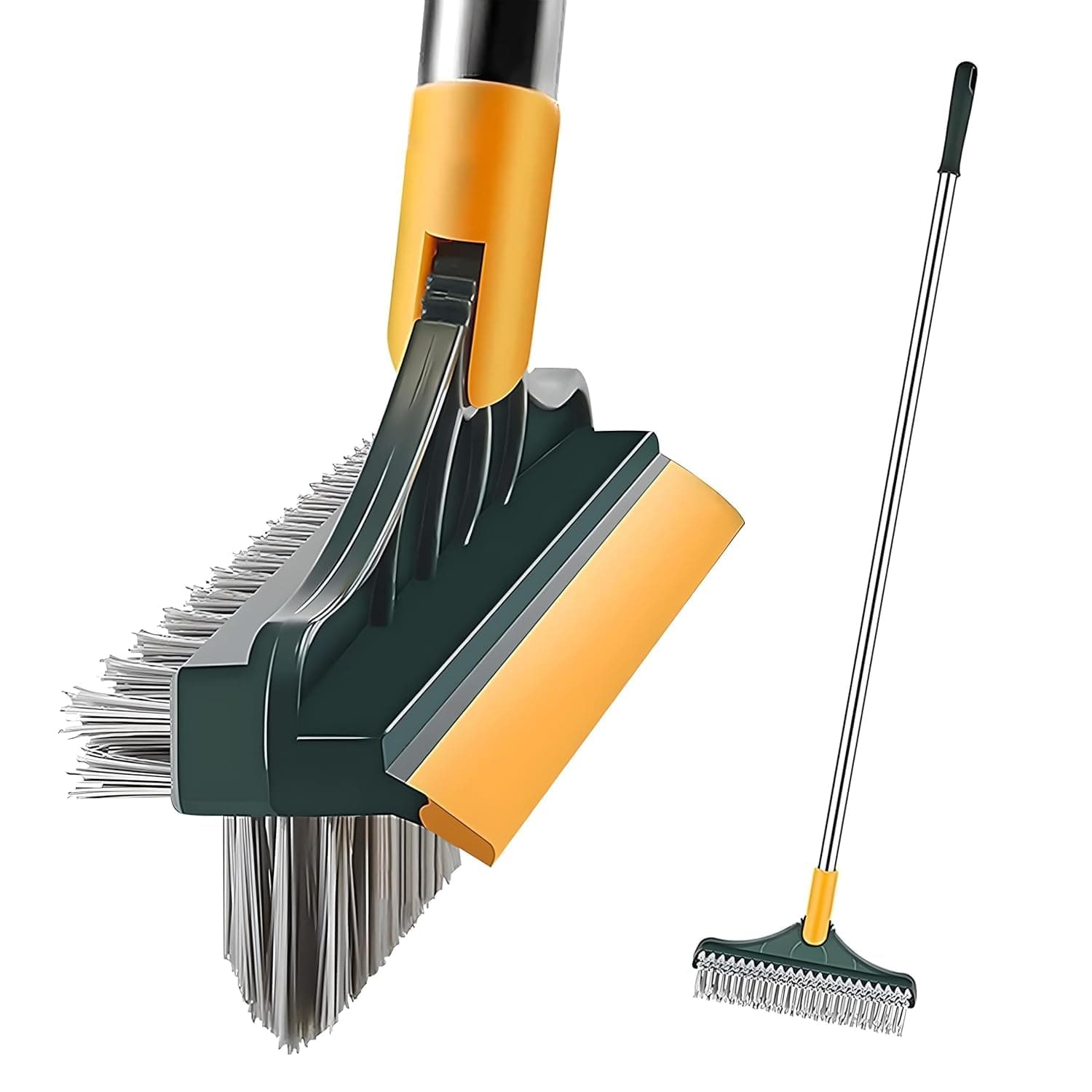 3 in 1 Floor Cleaning Brush with Wiper for Tiles & Wet Floors, Long Handle Scrub Brush with Stiff Bristles and Rubber Wiper for Water Removal, Multipurpose Bathroom & Floor Cleaner Tool