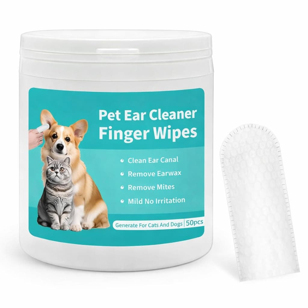Pet Ear Cleaner Finger Wipes for Dogs & Cats | Alcohol-Free Pet Ear Cleaning Wipes | 50 Pcs Disposable Finger Pads for Ear Wax Removal, Itch Relief, Odor Control & Hygiene Grooming Care