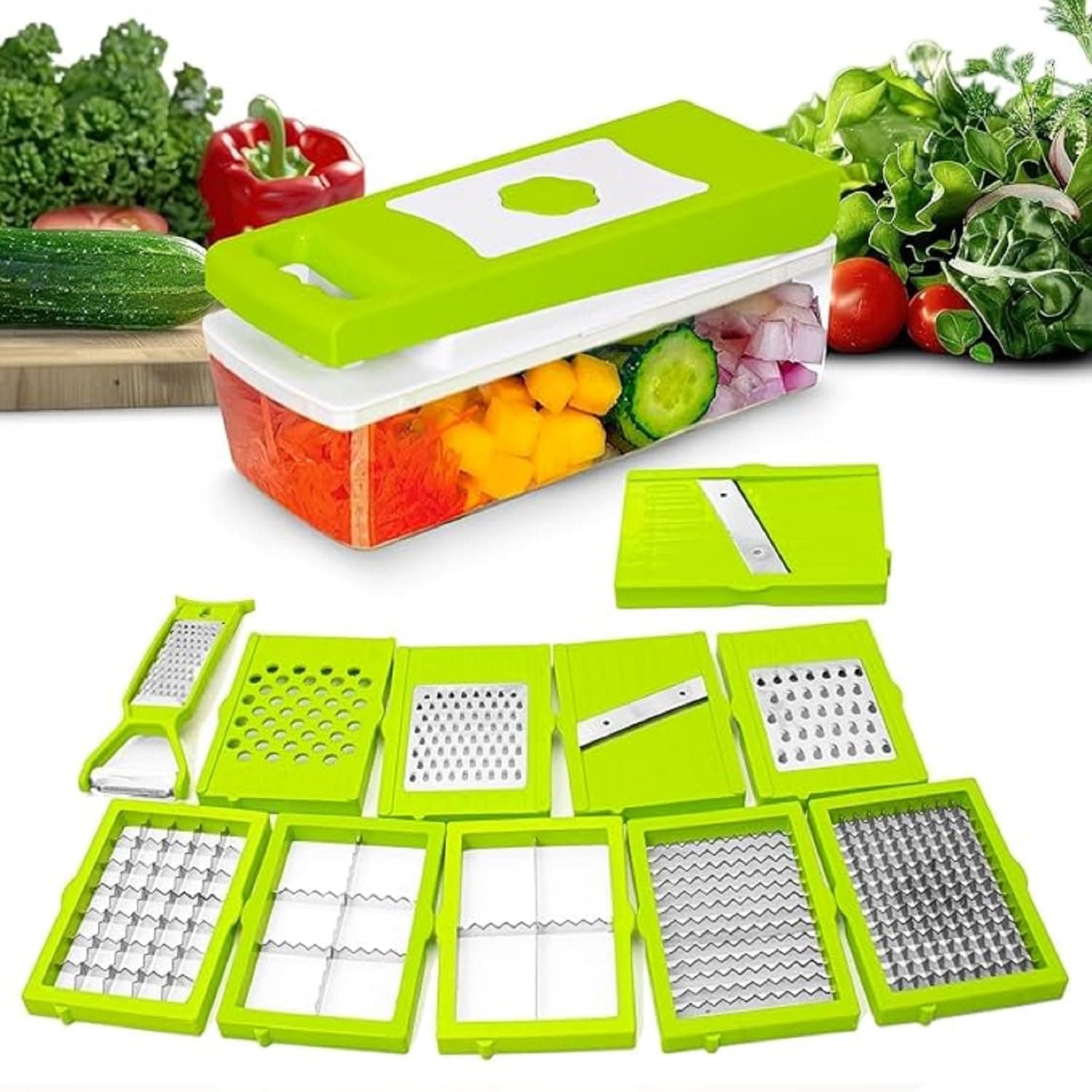 12 in 1 Multipurpose Vegetable & Fruit Chopper – Food Grade Unbreakable Body with Grater, Peeler, Slicer, Dicer, Easy-Clean Push Button – Kitchen Cutter Tool